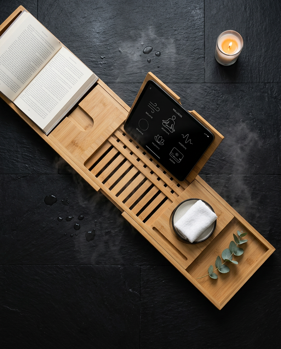 Top-down view of the caddy holding a tablet, book and candle