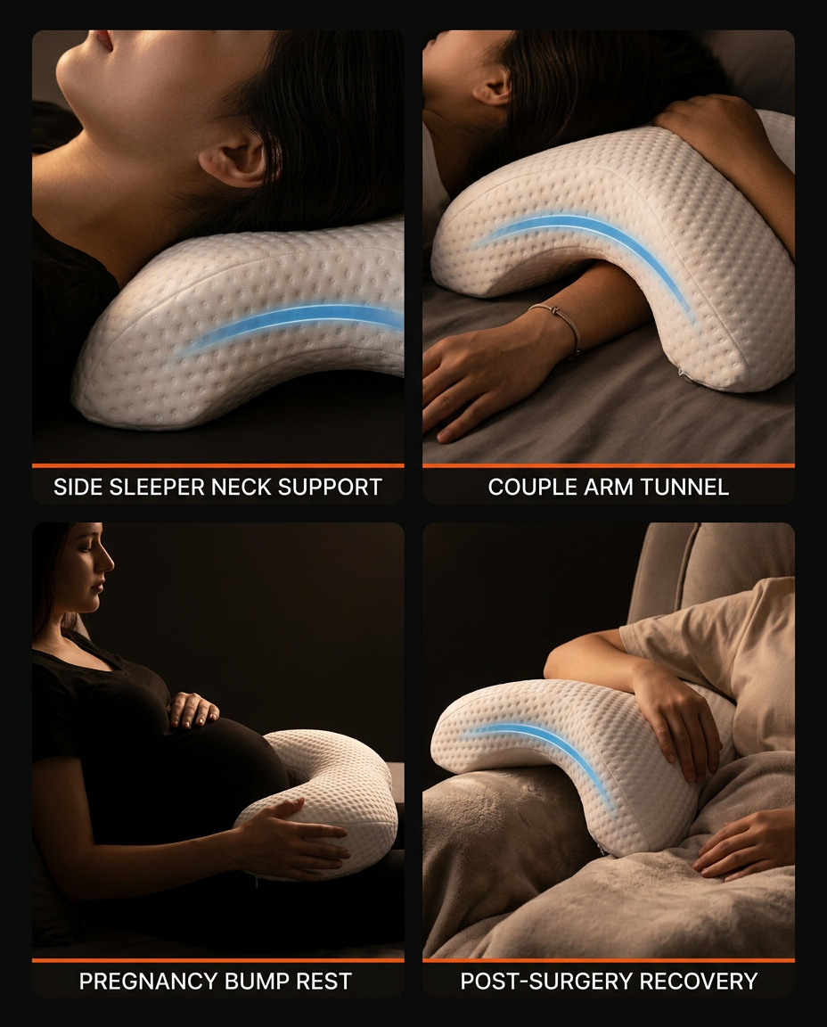 Grid of cuddle pillow uses: side sleeper, couple arm tunnel, pregnancy, recovery
