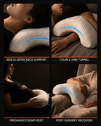 Grid of cuddle pillow uses: side sleeper, couple arm tunnel, pregnancy, recovery