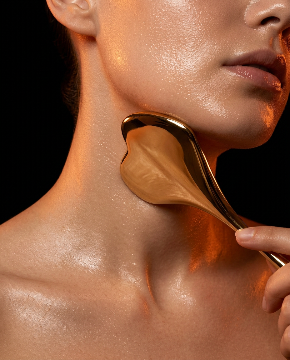 Steel tool sculpting a woman's neck and jawline in warm golden light