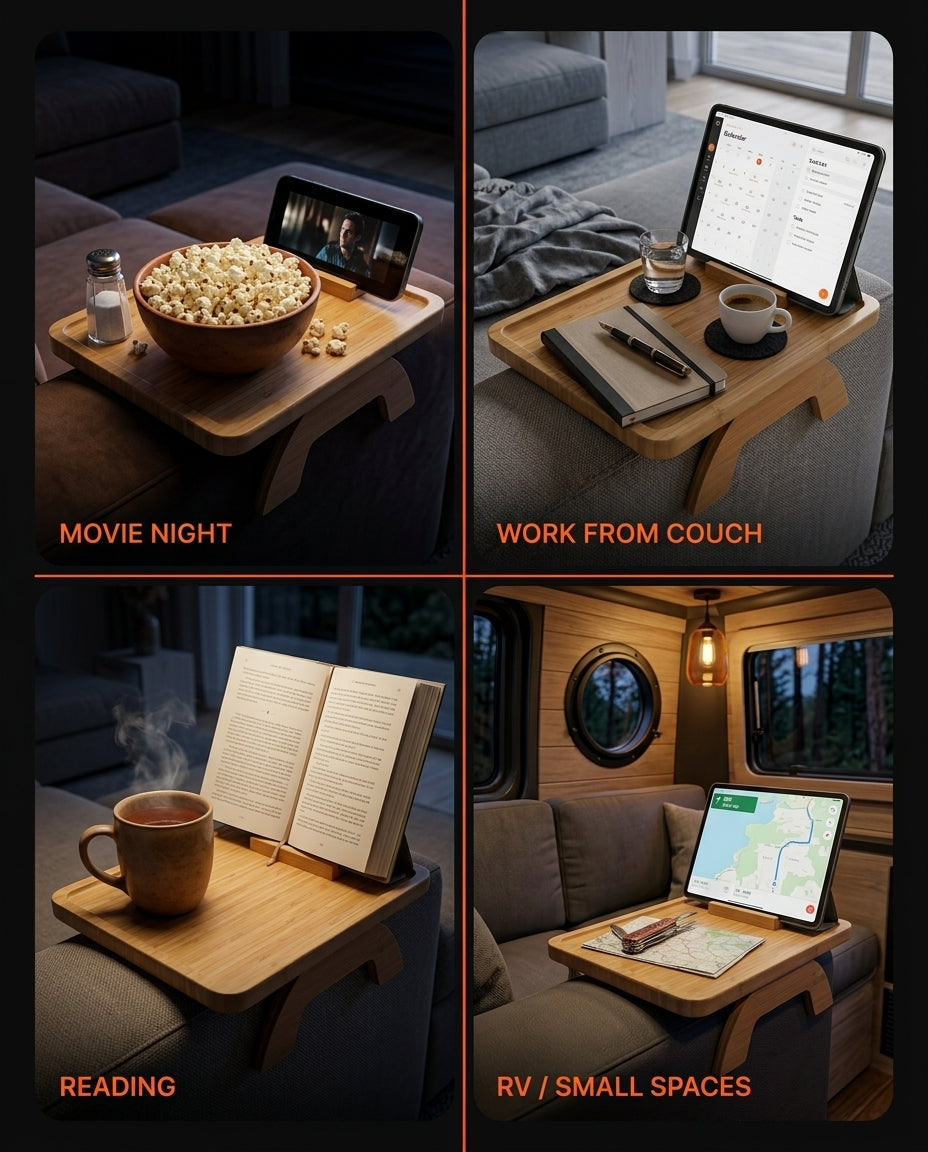 Four use cases for the arm tray: movie night, work, reading, RV spaces