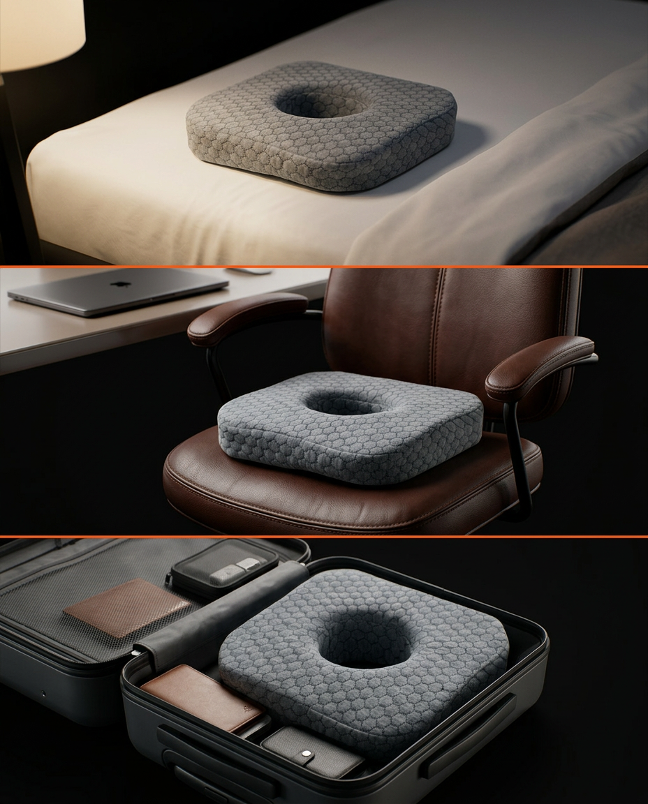 Use-case grid of the ear pillow on a bed, office chair and in a suitcase