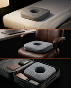 Use-case grid of the ear pillow on a bed, office chair and in a suitcase