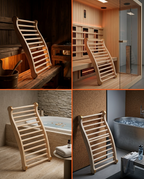 Four-photo grid of the wooden sauna backrest used in sauna, bath and home settings