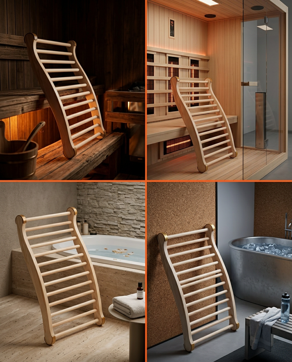 Four-photo grid of the wooden sauna backrest used in sauna, bath and home settings