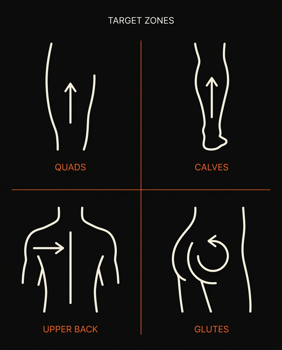 Diagram showing massage cup target zones: quads, calves, upper back, glutes