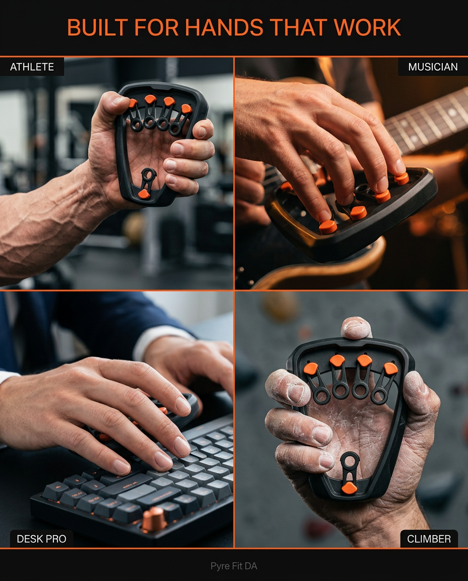 Use-case grid of athlete, musician, desk pro and climber using the finger trainer
