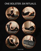 Six-use grid showing the bolster for meditation, yoga, reading and hip release