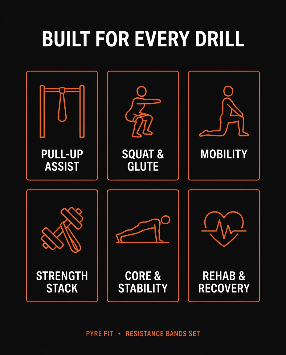 Use case grid showing pull-up, squat, mobility and rehab band drills