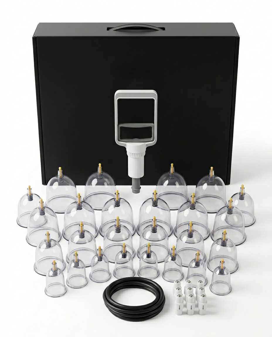 24-piece cupping set with hand pump, case and full cup lineup on white