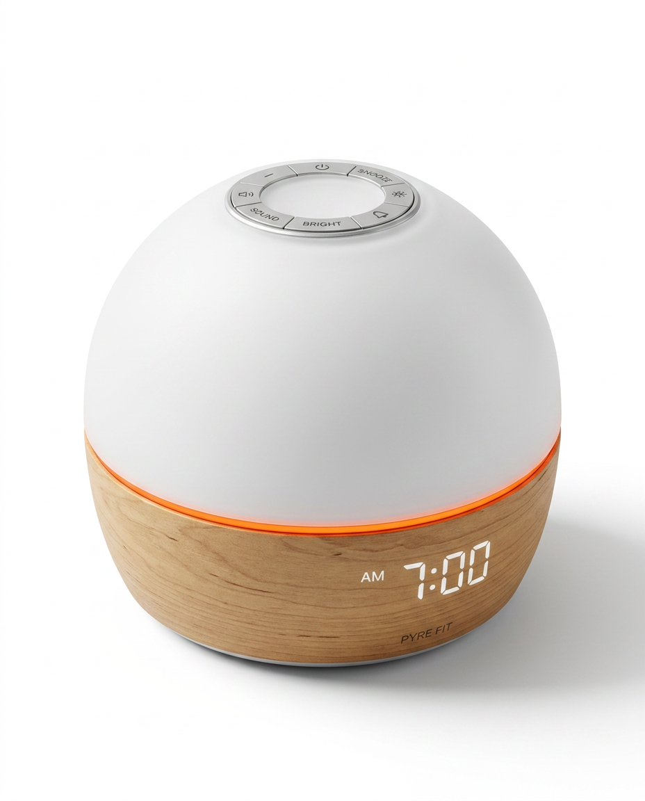 Alarm clock variant of the wake-up light with wood-tone base, studio shot