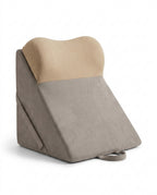 Taupe gray wedge lounger with beige tan contoured headrest bolster on white