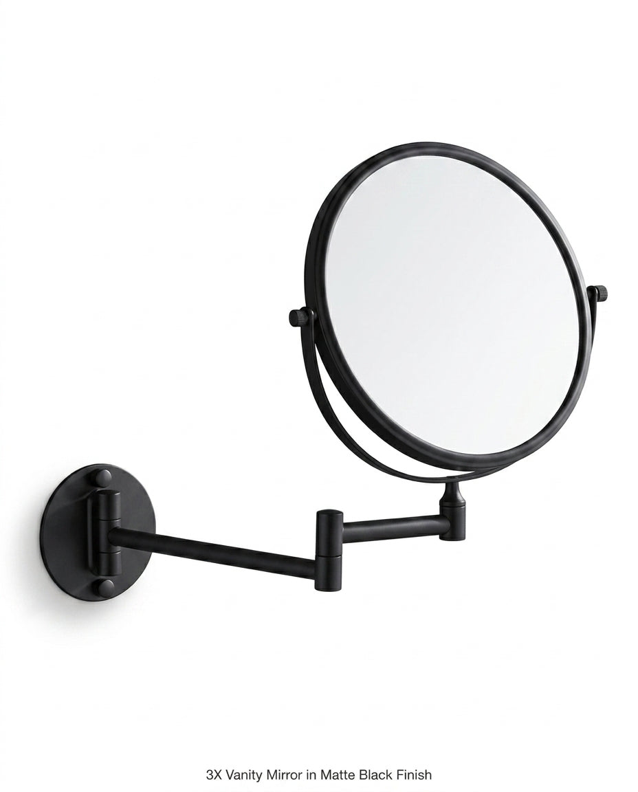 Matte black wall-mounted vanity mirror on folding arm, on white background