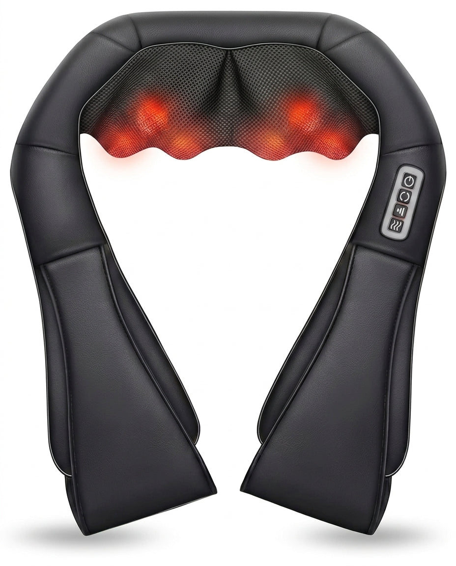 Black neck and shoulder massager with glowing heated nodes, flat lay