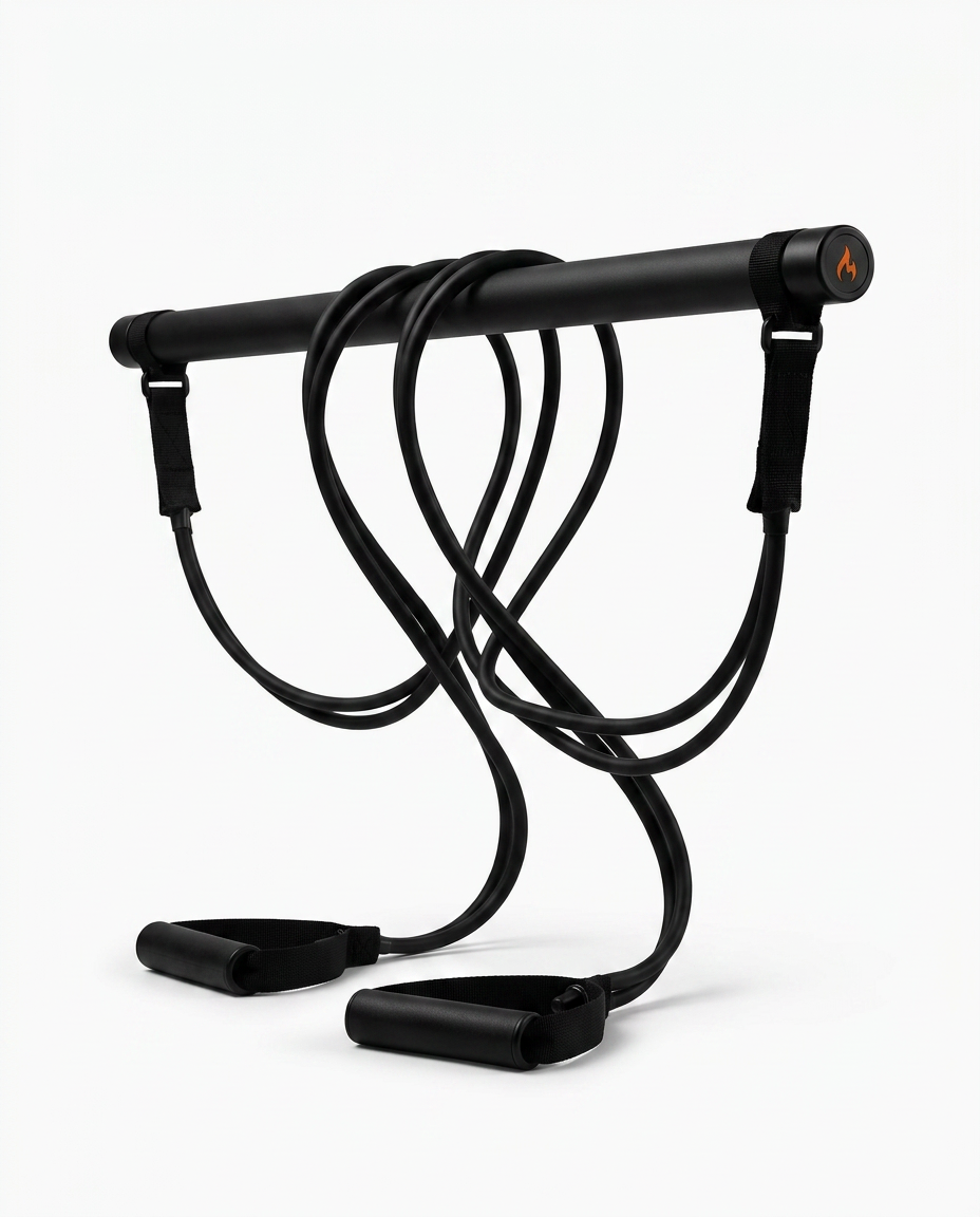 Black Pilates bar kit with coiled resistance bands standing upright
