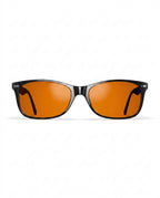 Black frame blue light glasses with deep amber lenses, front view on white