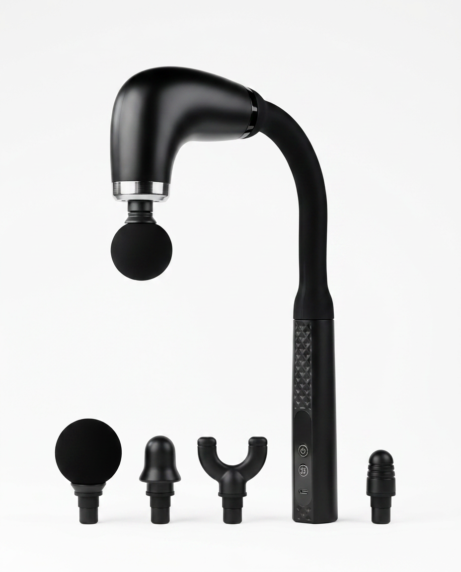 Black fascia massage gun with curved arm and four attachments on white