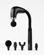 Black fascia massage gun with curved arm and four attachments on white