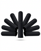 Eight black gel finger sleeves fanned out in a circle on white