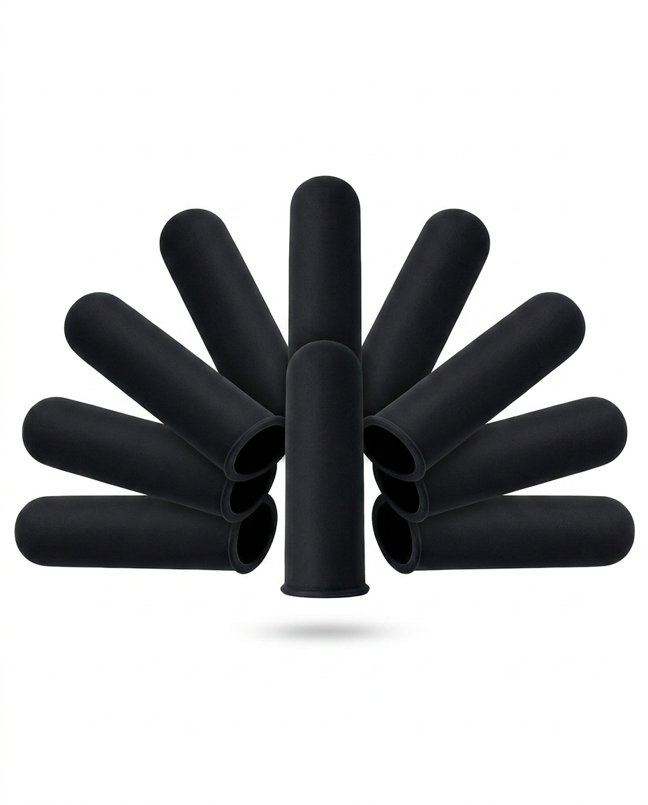Eight black gel finger sleeves fanned out in a circle on white