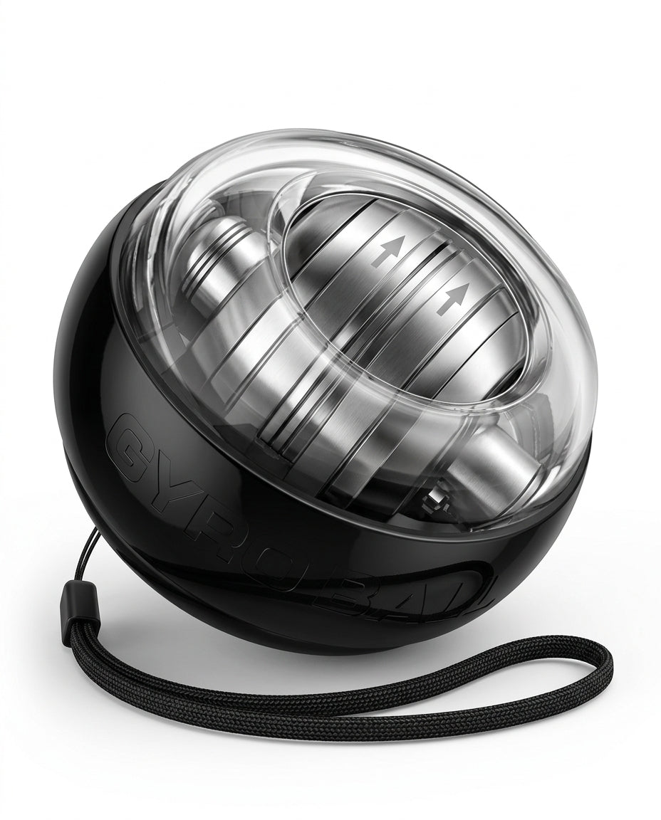 Classic black gyro ball trainer with chrome rotor and black wrist strap on white