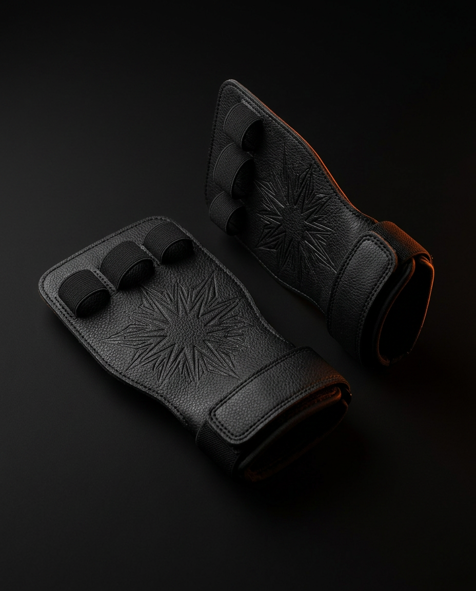 Pair of black grip pads with starburst palm pattern and orange trim