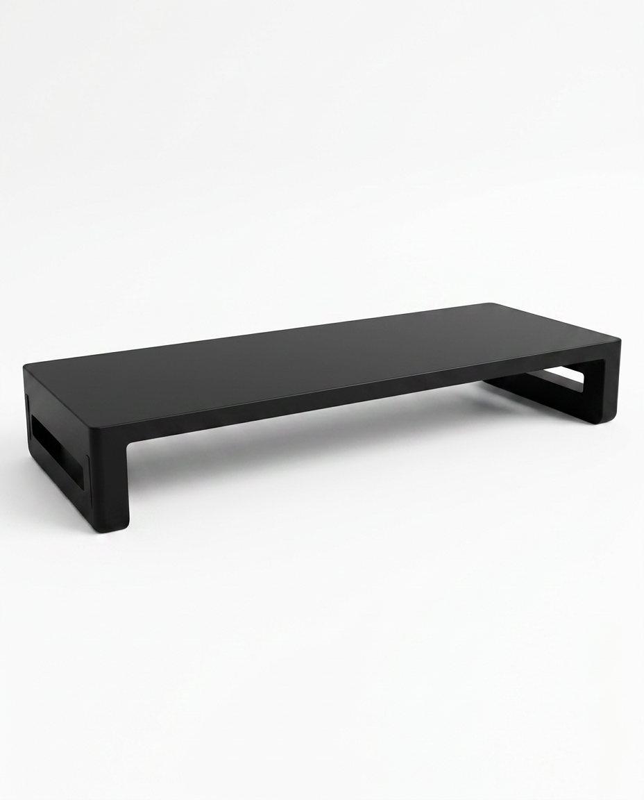 Black monitor riser without USB, angled studio shot on white