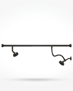 Matte black dual shower head bar packshot floating on white background