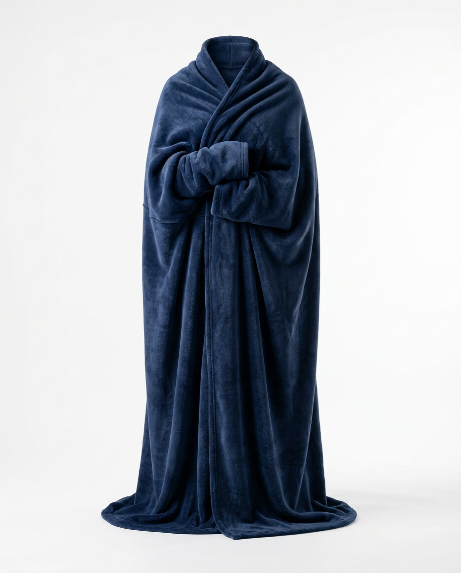 Person wrapped in a navy blue wearable blanket, studio shot