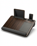 Dark coffee walnut lap desk with grey cushion and device slots on white
