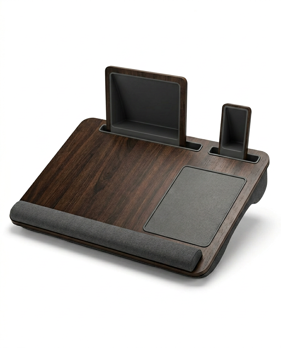 Dark coffee walnut lap desk with grey cushion and device slots on white