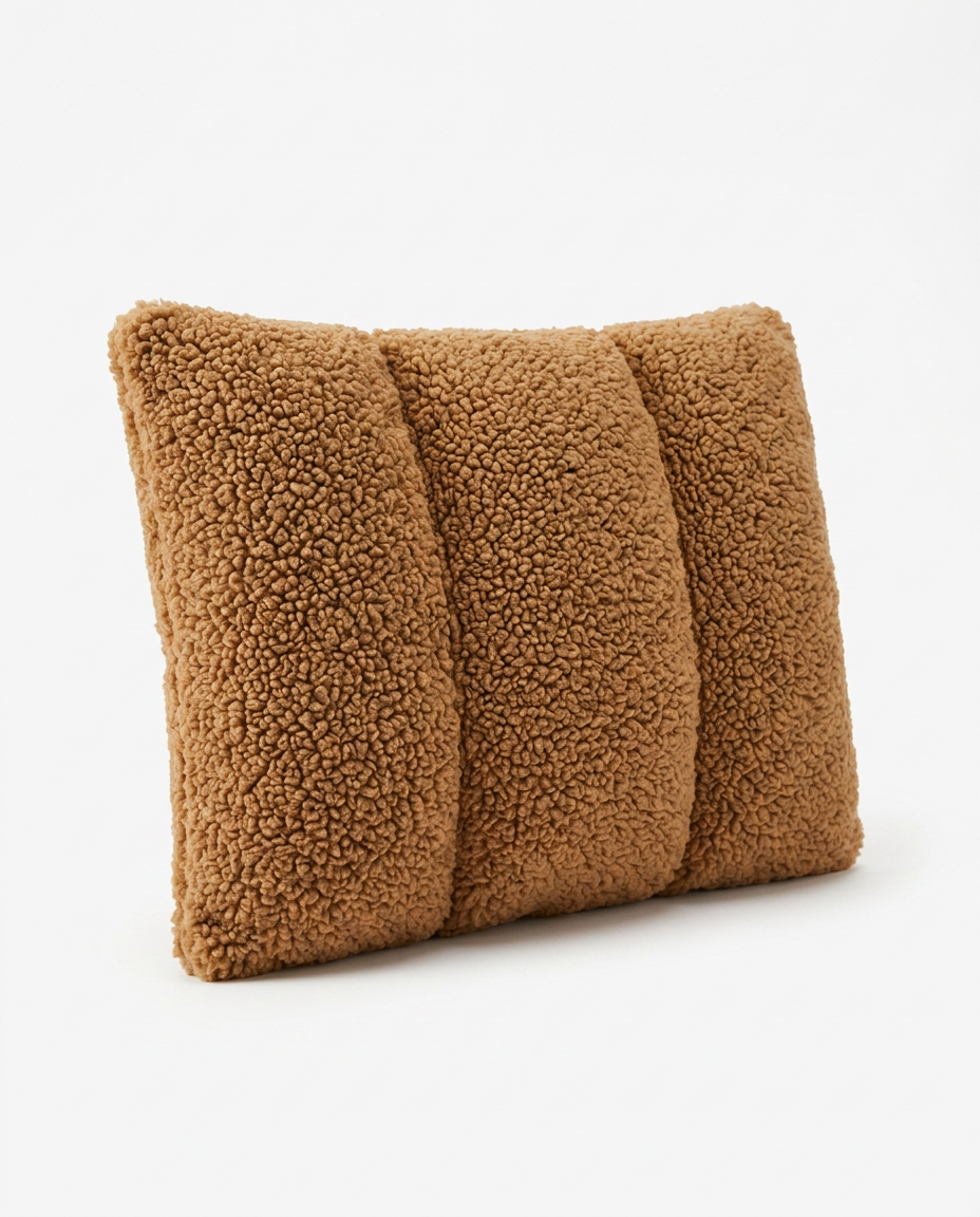 Coffee brown sherpa lumbar support pillow, angled studio shot on white