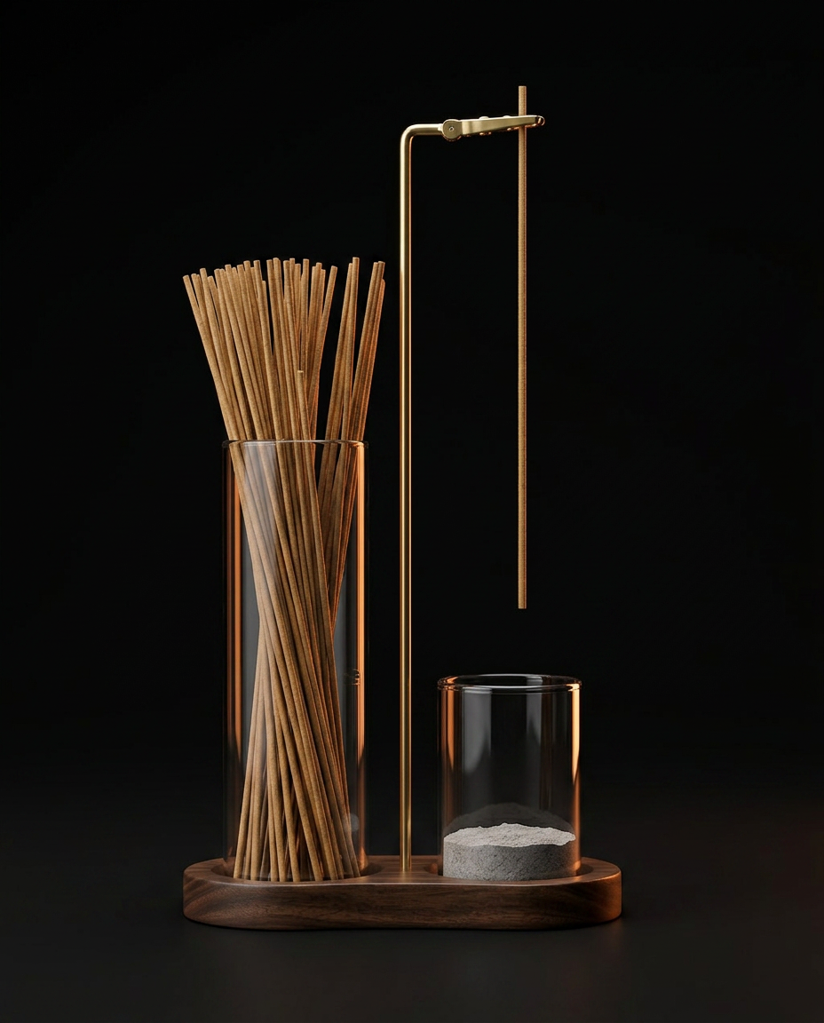 Incense holder set with dark walnut wood base, studio shot on black background