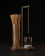 Incense holder set with dark walnut wood base, studio shot on black background