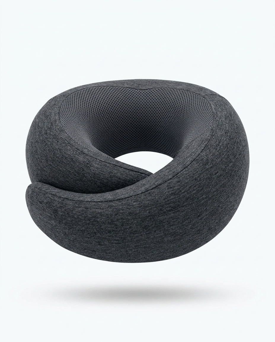 Dark grey travel neck pillow with mesh inner panel, studio shot on white