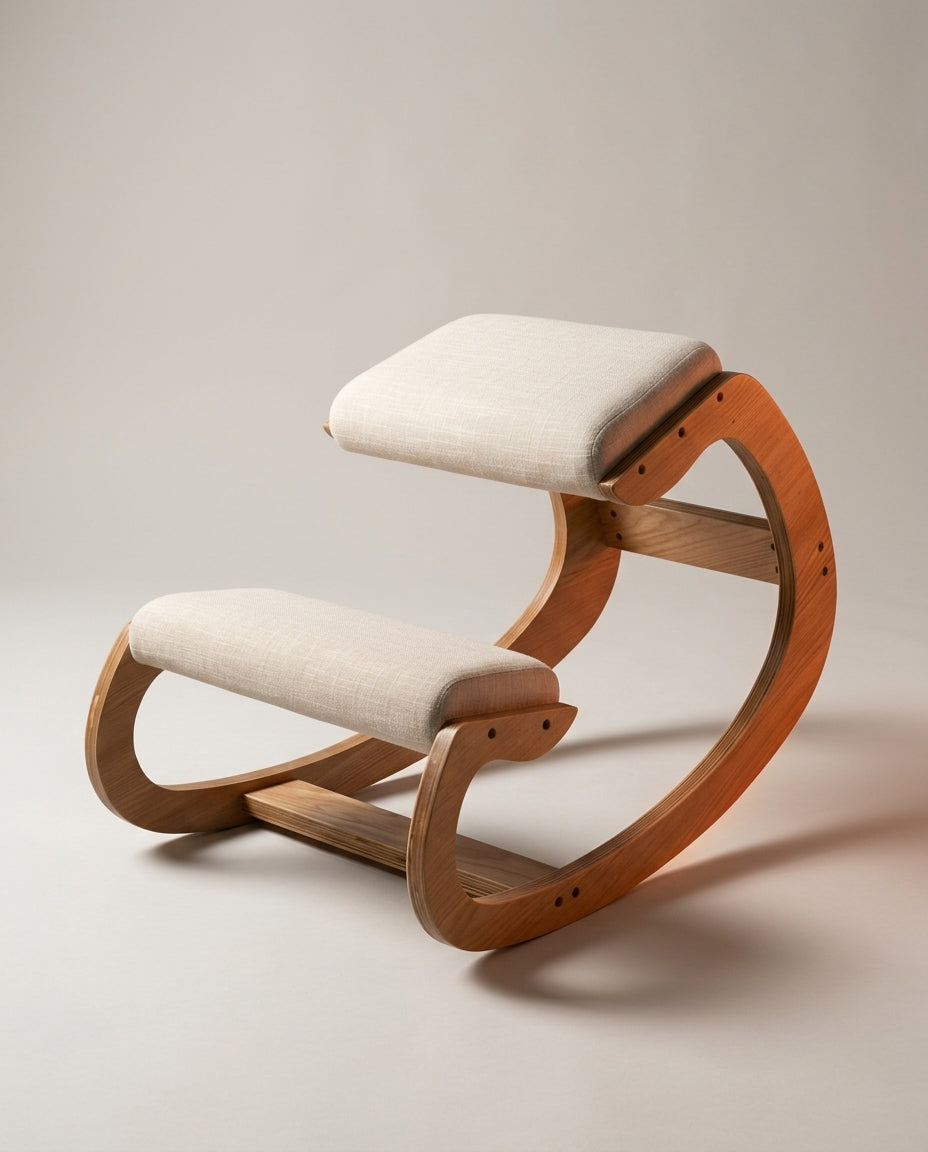 Kneeling chair studio shot on a warm beige backdrop, angled view