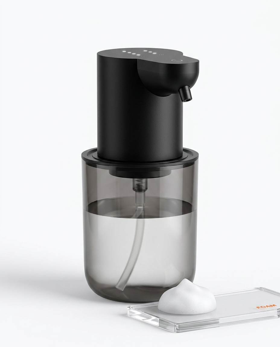 Touchless dispenser in foam style with a dollop of soap foam beside it