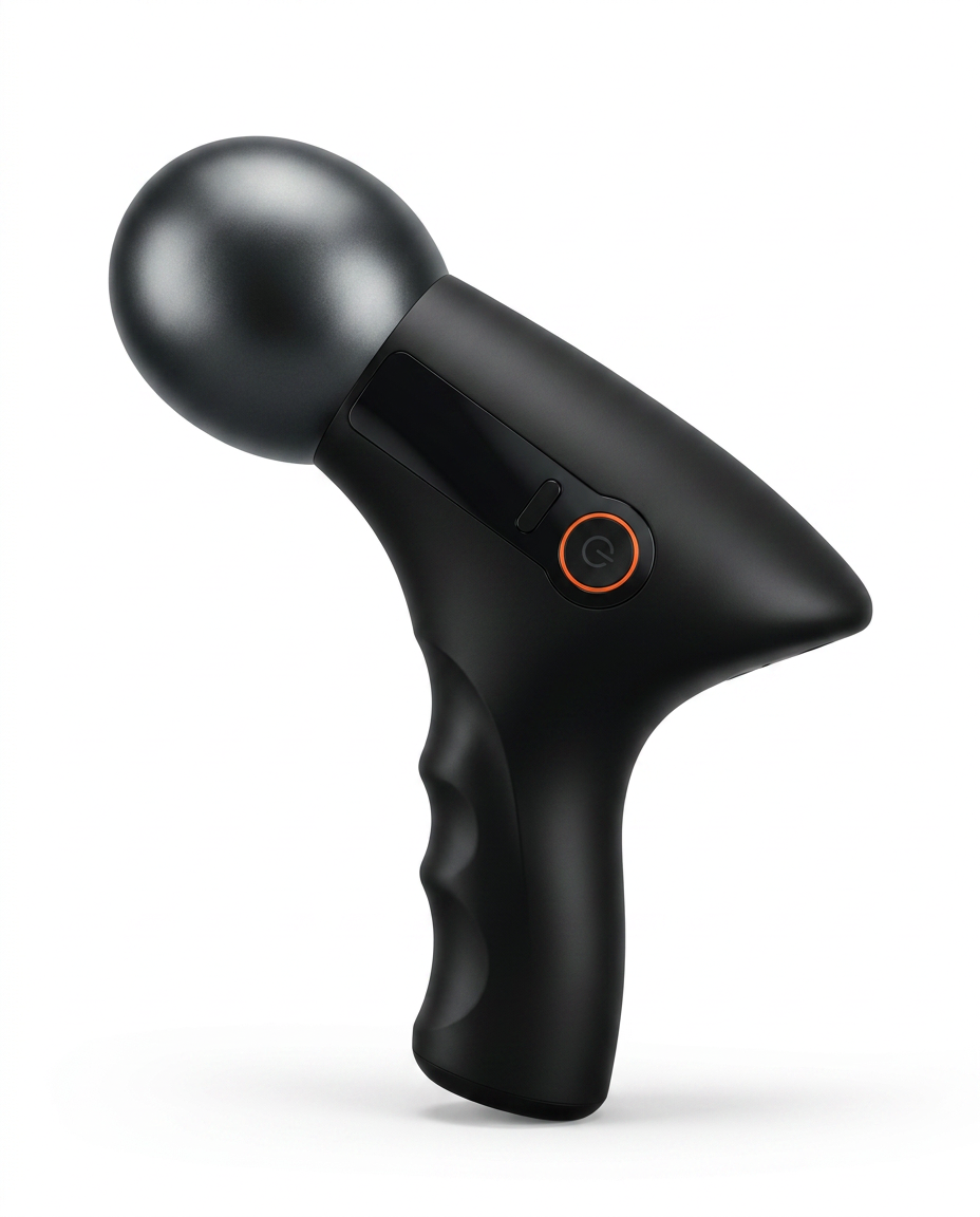 Glossy black massage gun with orange-ringed button and contoured grip, on white
