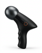 Glossy black massage gun with orange-ringed button and contoured grip, on white