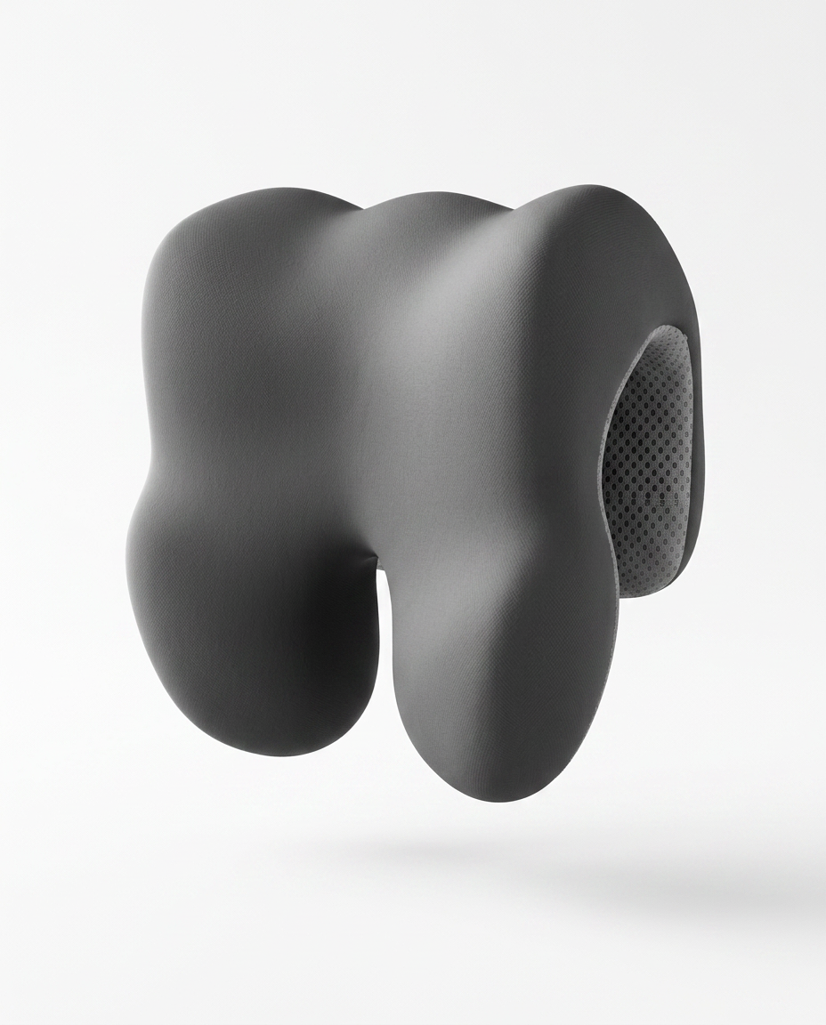 Gray ergonomic neck reset cushion showing mesh side panel, studio shot on white