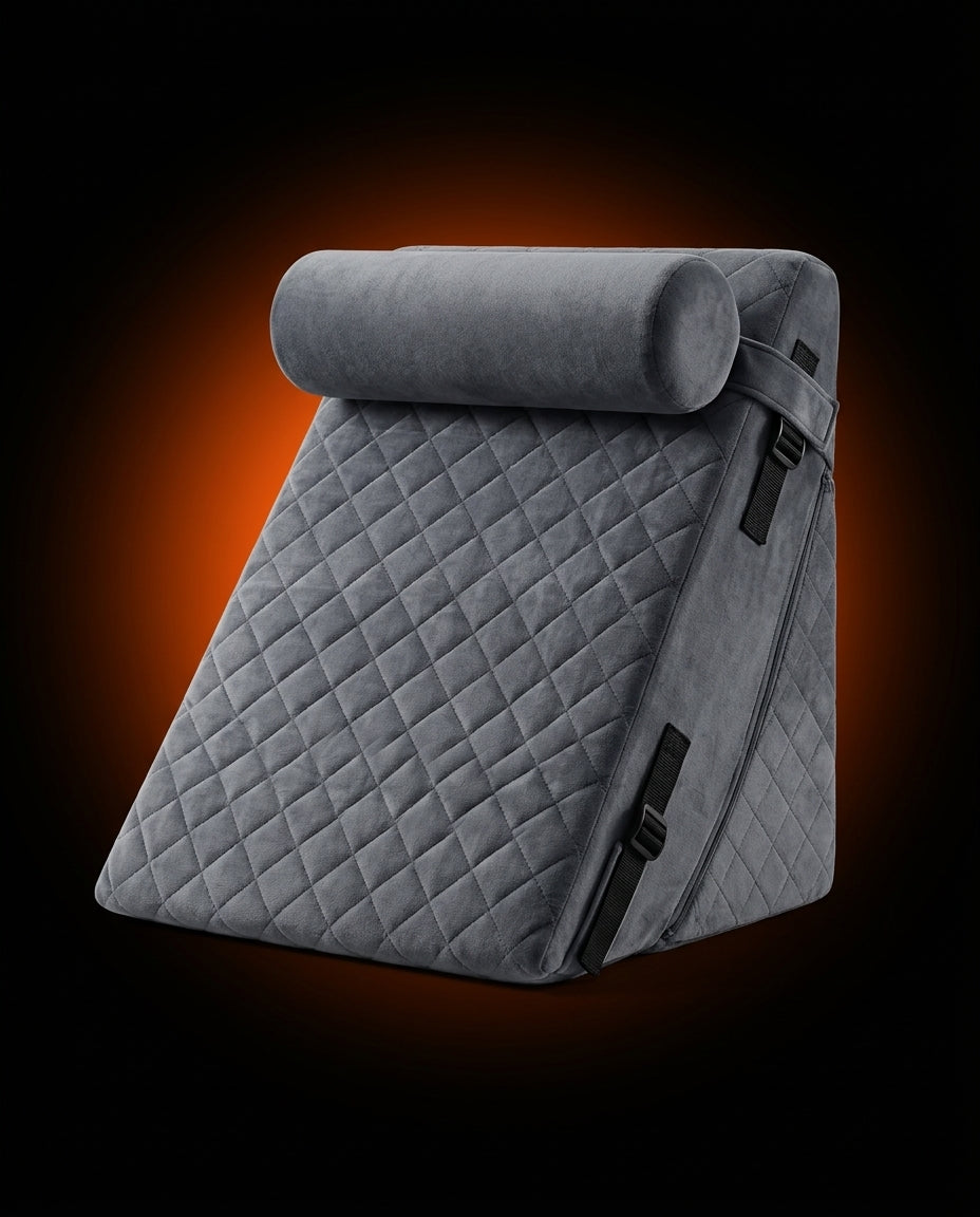 Grey variant wedge pillow with bolster, quilted diamond stitching, dark backdrop