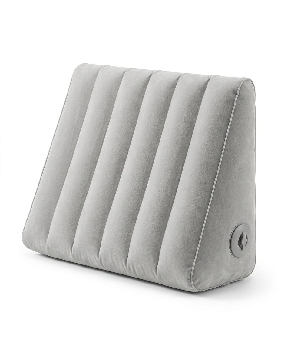 Grey inflatable wedge support pillow on white, side angle view