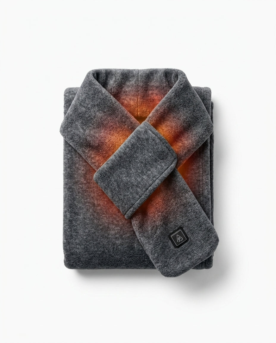 Folded heather grey heated scarf with warm orange heat glowing through