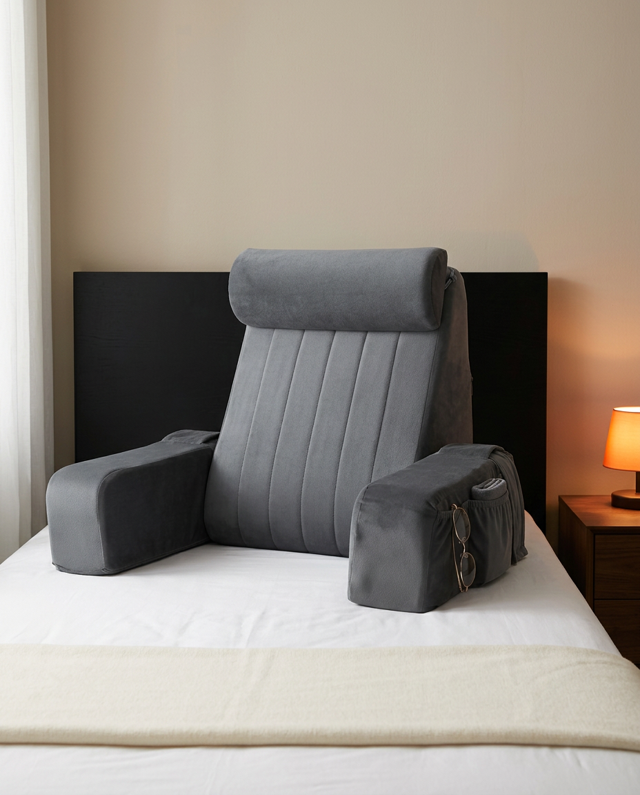 Grey velvet bed rest pillow placed against a headboard on a white bed