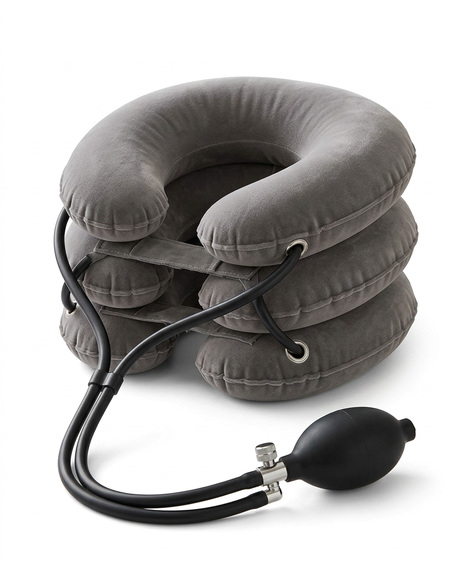 Grey inflatable neck traction collar variant with pump on white