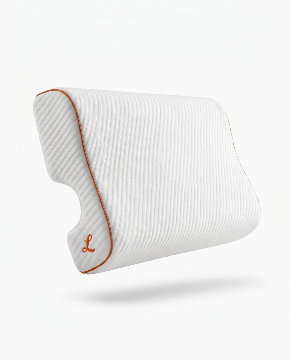 Left orientation couples pillow with orange piping and embroidered L marker