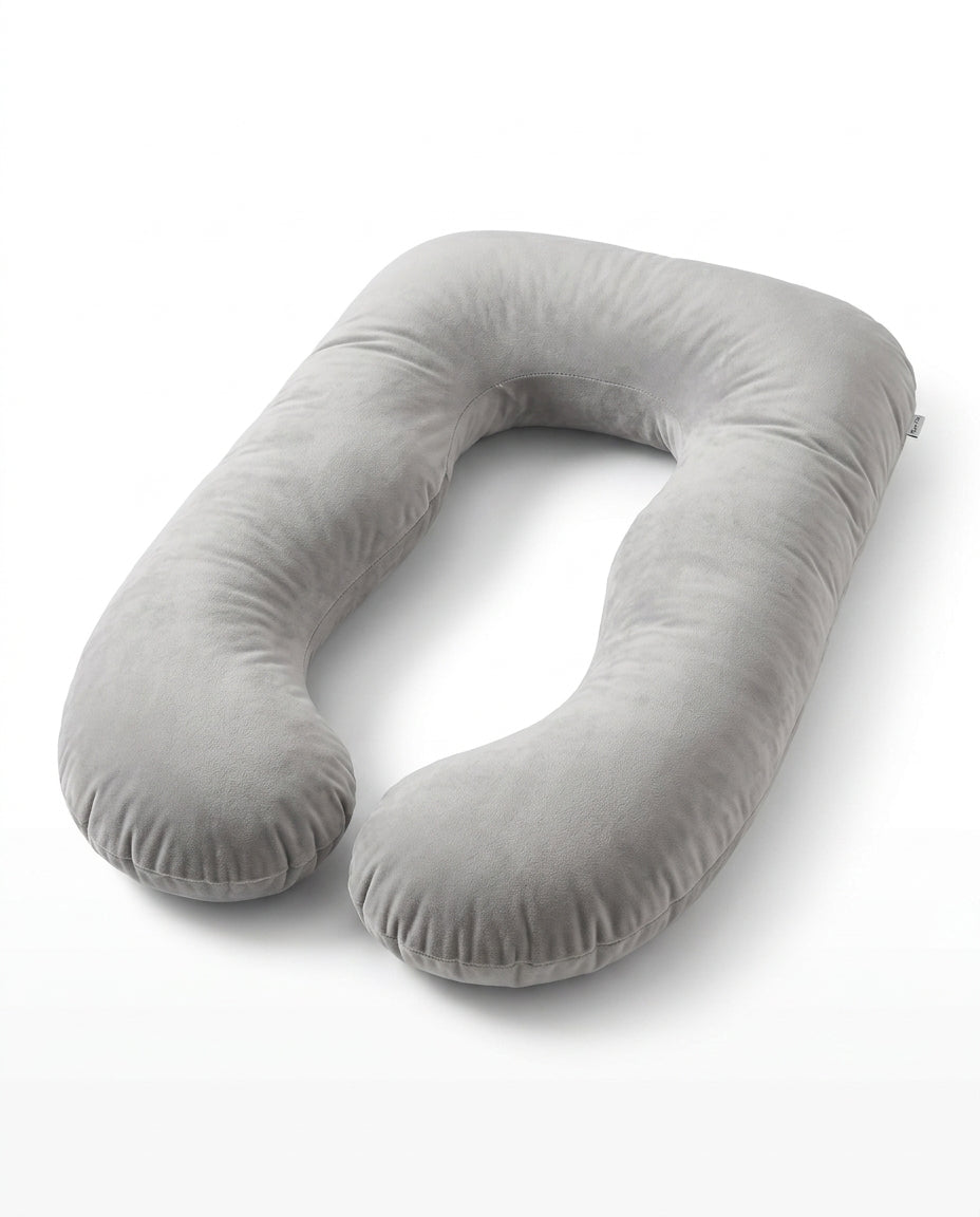 Light grey U-shaped full body support pillow on white background