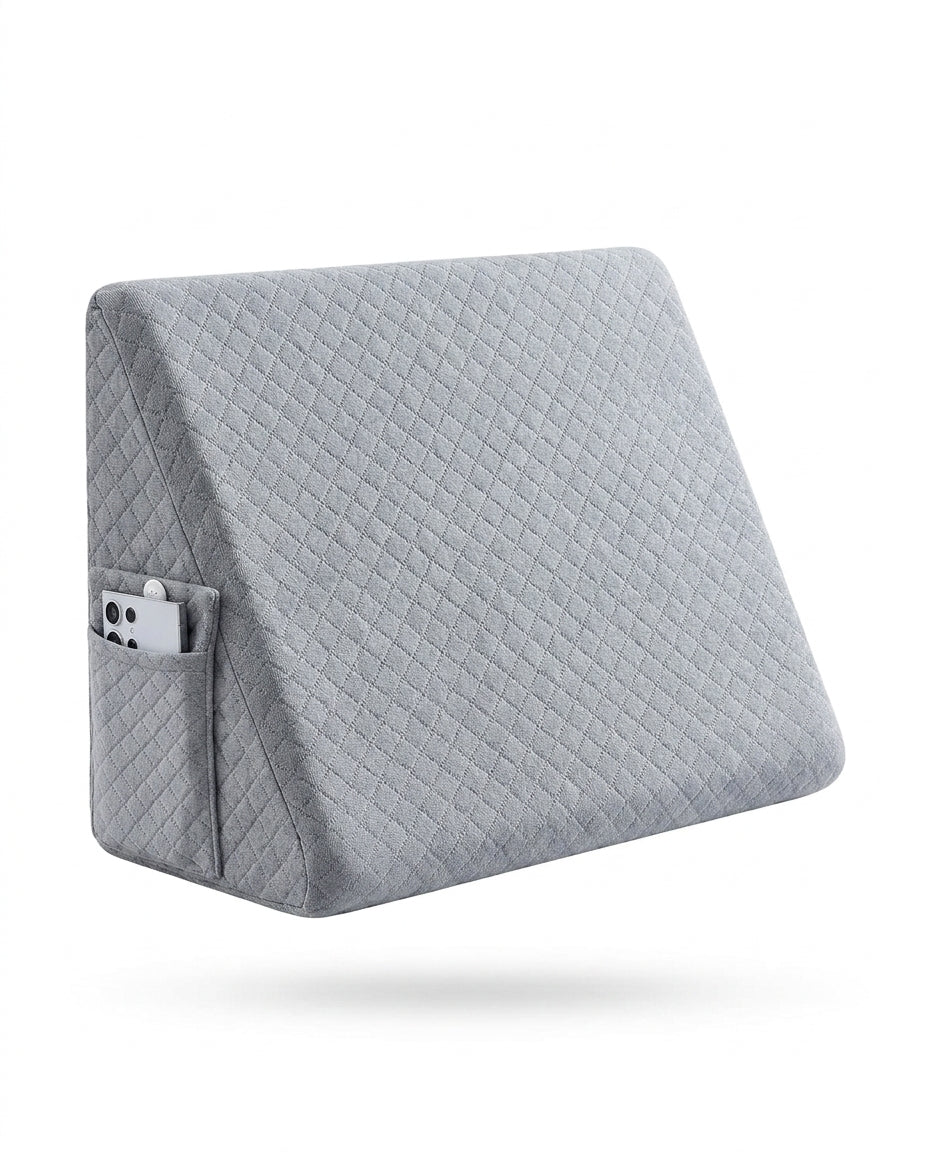 Light grey triangular wedge pillow with side pocket, three-quarter view