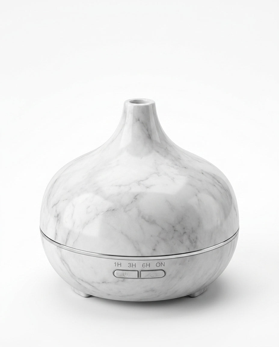 White marble pattern variant of the aromatherapy diffuser on a white background