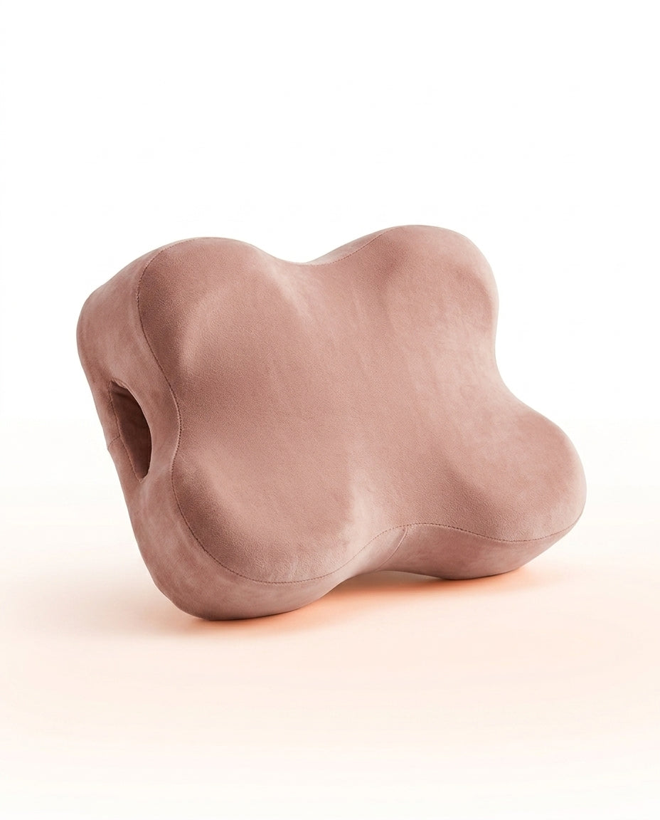 Dusty pink variant of the four-lobed body support pillow on white background